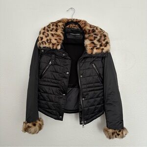 Andrew Marc Black Puffer Jacket with Leopard Accents